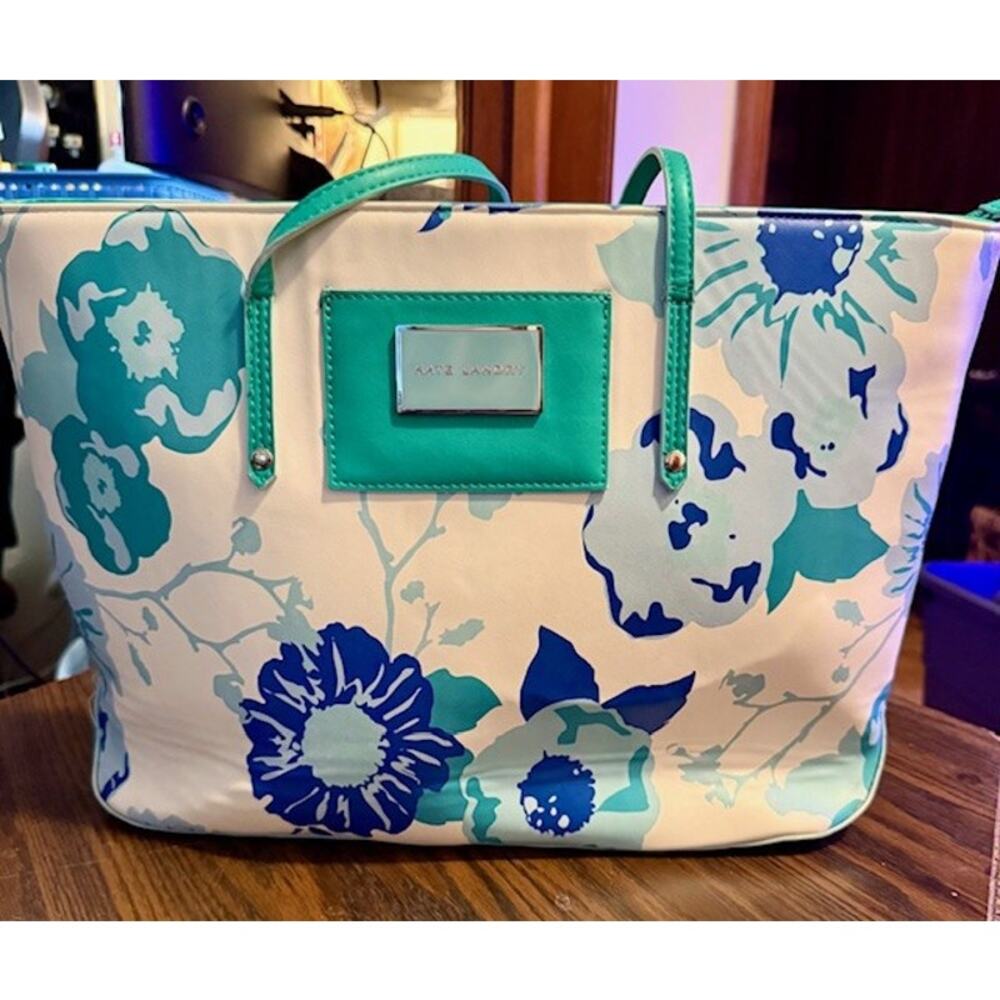 Kate Landry Floral Tote Bag Blue Green White Summer Beach Shoulder Bag - Picture 2 of 11